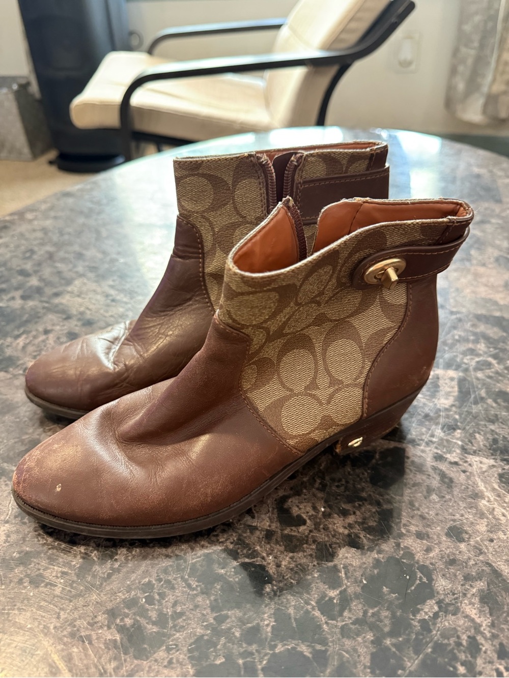 Coach Brown Leather & Tan Signature Canvas Ankle Booties with Gold Accent